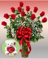 Dozen  Red Roses W/ Teddy Bear 