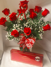 "BUNDLE OF LOVE"...12 RED ROSES ARRANGED IN A   VASE WITH BABY'S BREATH AND HEART PIC AND A BOX OF CHOCOLATES!