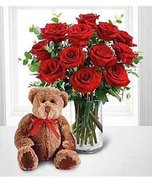 Dozen Red Roses with Bear Bouquet 