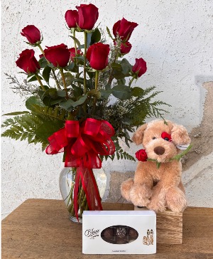 Love Everlasting Dozen Red Roses, Plush Animal, & Chocolates