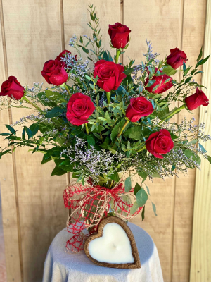 Dozen Red Roses with Heart Candle Powell Florist Exclusive in Powell, TN | Powell Florist Knoxville Dozen Red Roses with Heart Candle Powell Florist Exclusive in Powell, TN | Powell Florist Knoxville