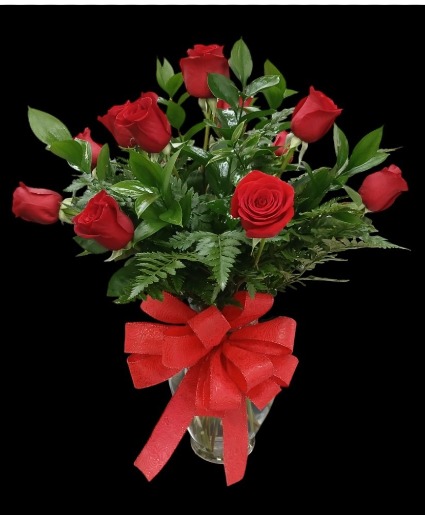 Dozen Red Roses with lush greens 