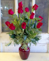 Dozen Red Roses with Greens Vase Arrangement