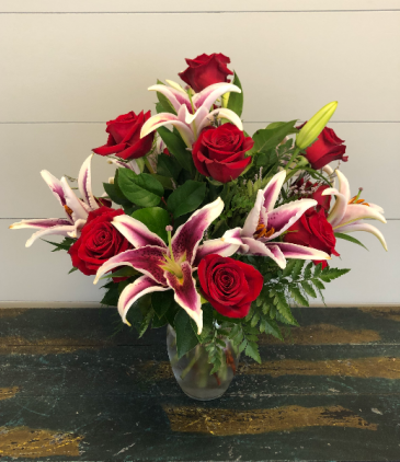 Dozen Red Roses with Oriental Lilies Vase Arrangement in Bluffton, SC | BERKELEY FLOWERS & GIFTS Dozen Red Roses with Oriental Lilies Vase Arrangement in Bluffton, SC | BERKELEY FLOWERS & GIFTS