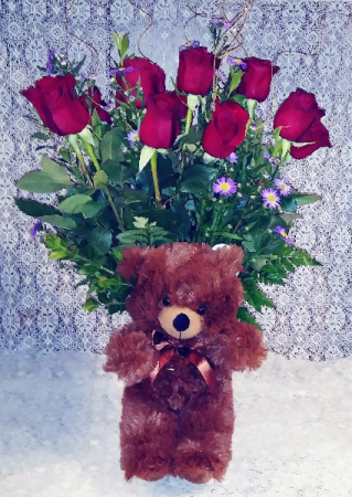12 Red Roses with Plush Bear