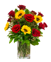 Dozen Red Roses with Sunflowers  Vase Arrangement 