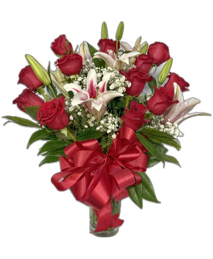 Dozen Red with Star Gazers Vase Arangement