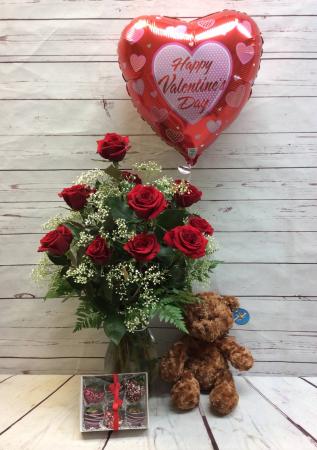One Dozen Premium Red  Roses With 6 Pack Strawberry with Balloon in Culpeper, VA | ENDLESS CREATIONS FLOWERS AND GIFTS