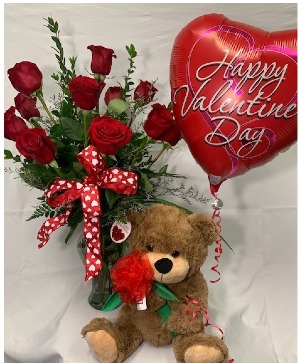 Dozen Rose Package Bear and Balloon Roses