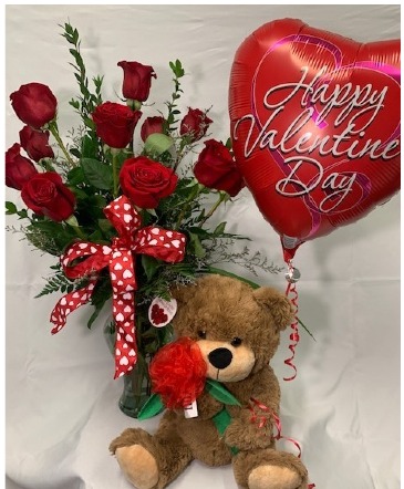 Dozen Rose Package Bear and Balloon Roses in Conroe, TX | TOWNE FLOWERS