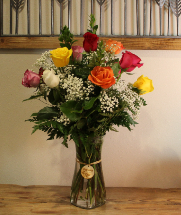 Dozen Rose Vase - Mixed Colors with Fillers Dozen Rose Vase