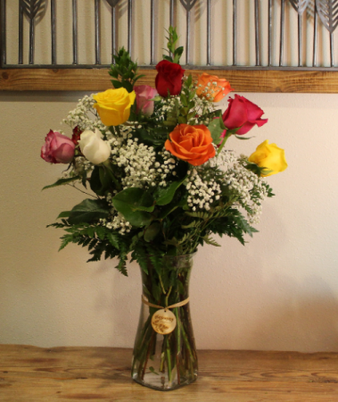 Dozen Rose Vase - Mixed Colors with Fillers Dozen Rose Vase