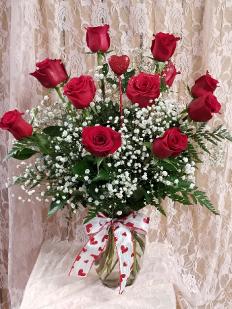 Dozen Roses Arranged in a Glass Vase with Ribbon