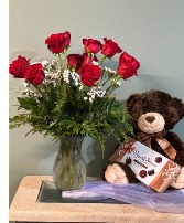 Dozen Roses, Bear, and Candy 