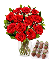 Dozen Roses 6 or 12 Chocolate Covered Strawberries Valentine’s Day 