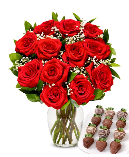 Dozen Roses & Chocolate Covered Strawberries Valentine’s Day 