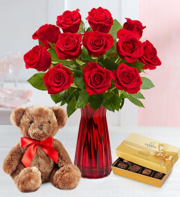 Dozen Roses in Vase with Bear and Chocolates