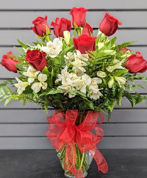 Dozen Roses with Alstromeria Vase Arrangement