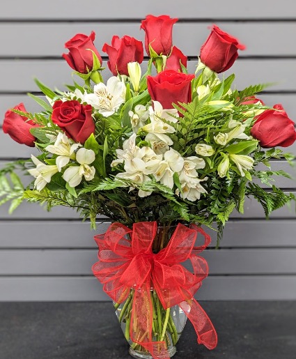 Dozen Roses with Alstromeria Vase Arrangement