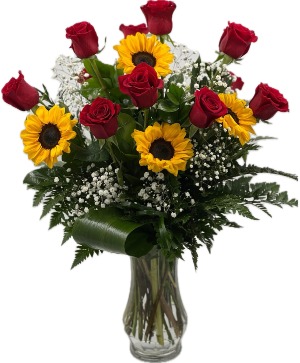 Suns and Roses Dozen Roses with Sunflowers