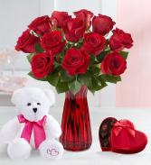 Dozen Roses with teddy Bear and chocolate 