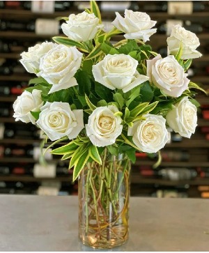 Dozen White Roses Glass Vase