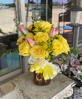 Dozen Yellow Roses with Pink Tulips 