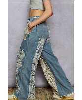 Drawstring Floral Patch Denim Pants Clothing