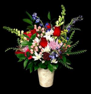 Dreams of Blue Mixed Floral with Blue Delphiniums & Red Roses