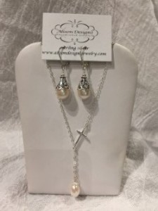 Drop Pearl and Cross Necklace and Earring Set Jewelry