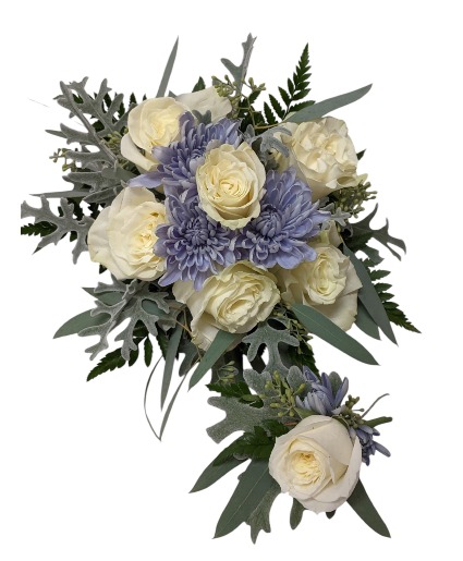 Dusty Blues & White Nosegay & Bout Combo Prom Flowers; choose your flower color