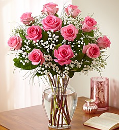Valentine's Day  One Dozen Pink Roses Arranged in Vase