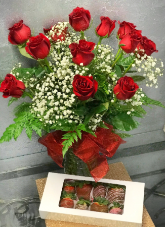 Dz. Red Roses and Dz.Chocolate Dipped Strawberrie Package