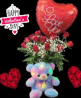  Dz. Rose, Balloon and  Lighted Bear Package  Valentine’s Day Fairy Tales Flowers Exclusive For Local Delivery Only