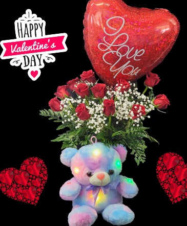  Dz. Rose, Balloon and  Lighted Bear Package  Valentine’s Day Fairy Tales Flowers Exclusive For Local Delivery Only in Hesperia, CA | FAIRY TALES FLOWERS & GIFTS