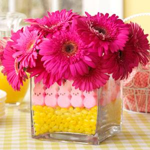 Easter Peeps Gerbera Daisies in festive square vase