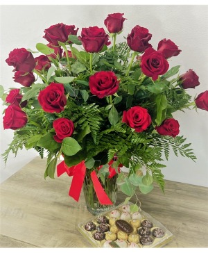 Two dozen red roses with chocolates Flower Arrangement