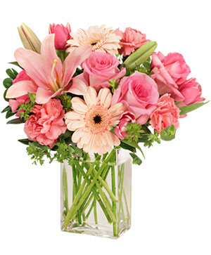 Pink roses and dry flower arrangement in translucent glass vase – Abs  Florist