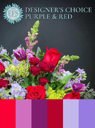 EFS's Charmed Red & Purple Designer's Choice Vase Arrangement in Essex, CT | ESSEX FLOWER SHOPPE & GREENHOUSE