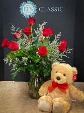 EFS's Classic Red Rose & Teddy Bear Vase Arrangement