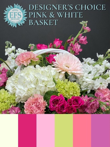 Pink & White Designer's Choice Basket Arrangement in Essex, CT | ESSEX FLOWER SHOPPE & GREENHOUSE