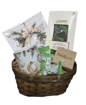 Elegant Christmas.Mug and Napkins Gourmet Basket