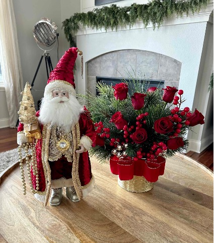 ELEGANT HOLIDAY PRESENT Floral Arrangement  & SANTA
