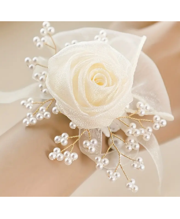 Elegant Tulle Rose with Pearls Corsage Bracelet in Newmarket, ON | FLOWERS 'N THINGS FLOWER & GIFT SHOP