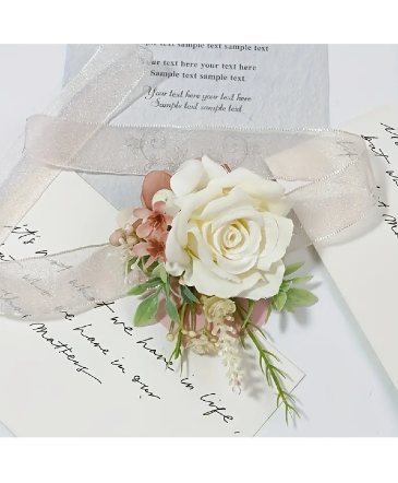 Elegant White Rose with Blush Corsage Bracelet  in Newmarket, ON | FLOWERS 'N THINGS FLOWER & GIFT SHOP