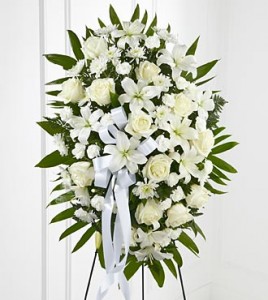 Elegant White Standing Spray White Roses, Lilies and Mums in Clearwater, FL | FLOWERAMA