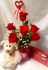 "BE MINE BOUQUET" 6 RED ROSES IN A HEART MASON JAR WITH CHOCOLATES AND MED. BEAR!! ALL OF THIS IS FOR $ 85.00!