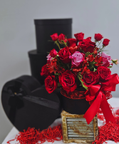 EMY Red Seduction: Sensual Satin - Rose Hat Box Flower Arrangements in Mahopac, New York | EMY Custom Flowers