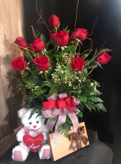 Enchanted Valentine's Special 1 Dz Long Stem Red Roses Includes: Sweetheart Bear and Gourmet Chocolates 
