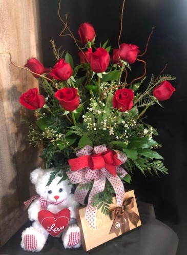 Enchanted Valentines Special Savings 1Dz. Red Roses, Includes: Sweetheart Bear & Gourmet Chocolates in Monument, CO | Enchanted Florist